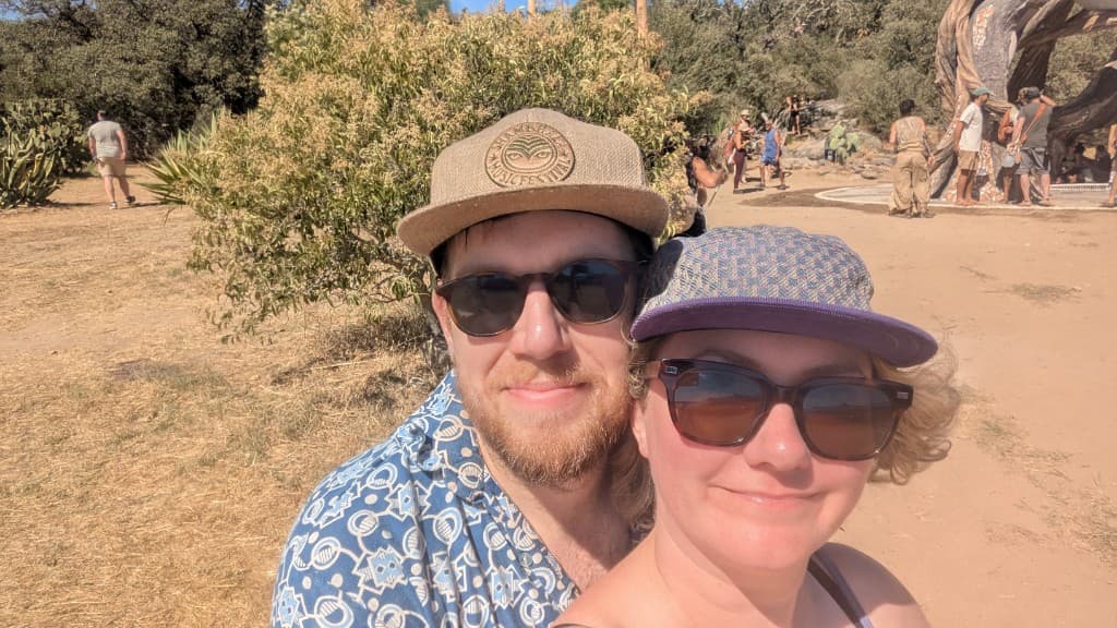 Leigh and Tom taking a sunny selfie in Portugal